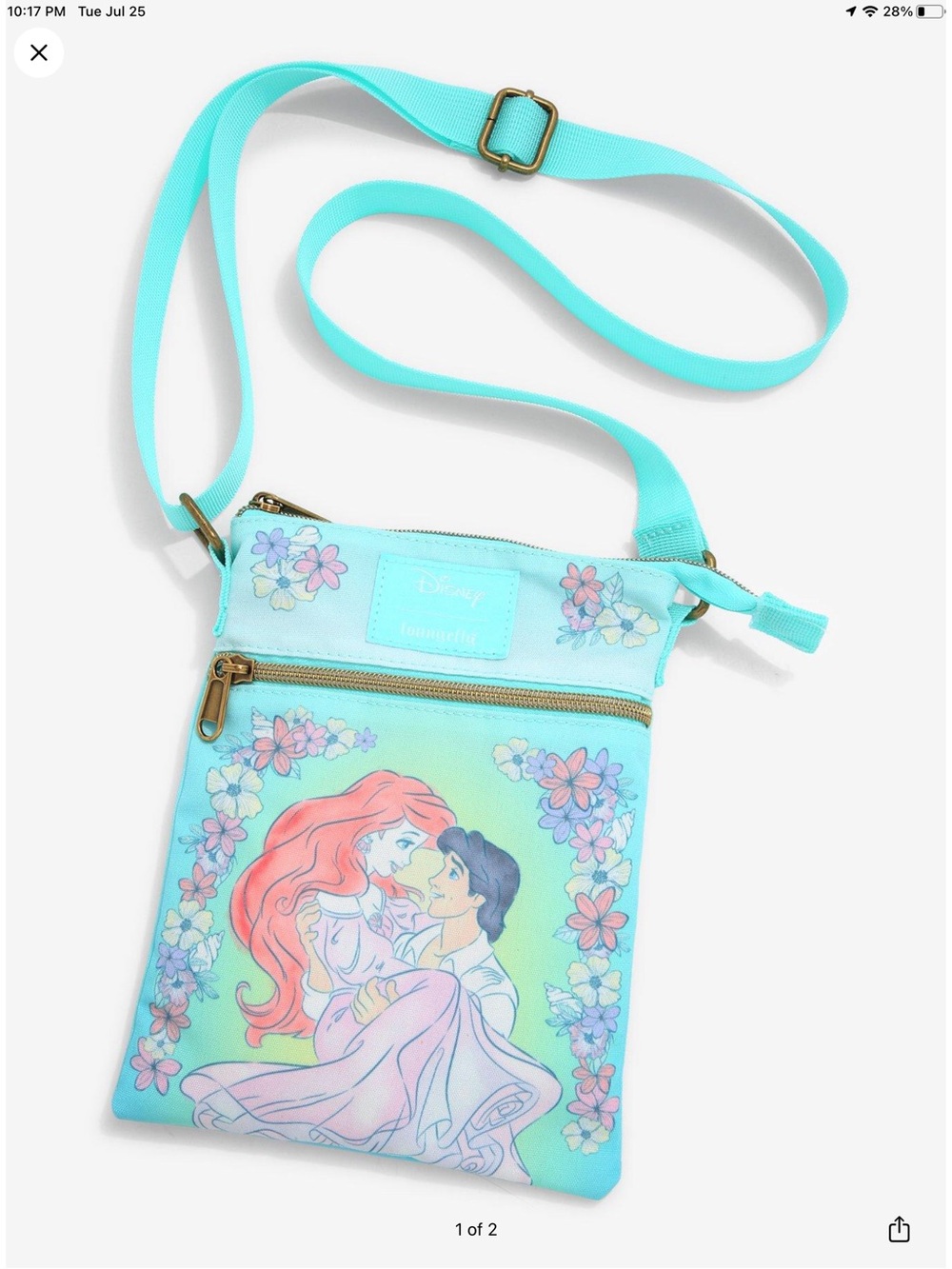 Disney Crossbody Bag in Aqua with Ariel & Prince Floral Artwork